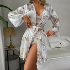 Satin Floral Lace Trim 3-Piece Nightwear-WHITE