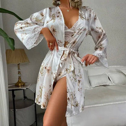 Satin Floral Lace Trim 3-Piece Nightwear-WHITE