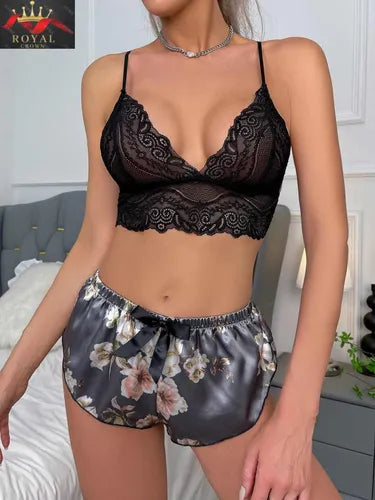 Satin Floral Lace Trim 3-Piece Nightwear-GREY