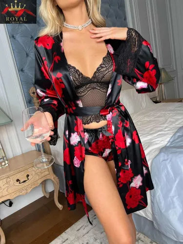 Satin Floral Lace Trim 3-Piece Nightwear-BLACK