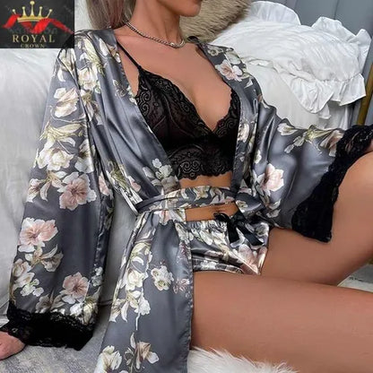 Satin Floral Lace Trim 3-Piece Nightwear-GREY