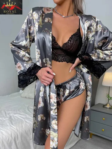 Satin Floral Lace Trim 3-Piece Nightwear-GREY