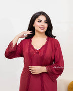 Midnight Sage 3-Piece Luxury Lounge Set: Cooling Ice Silk & Scalloped Lace