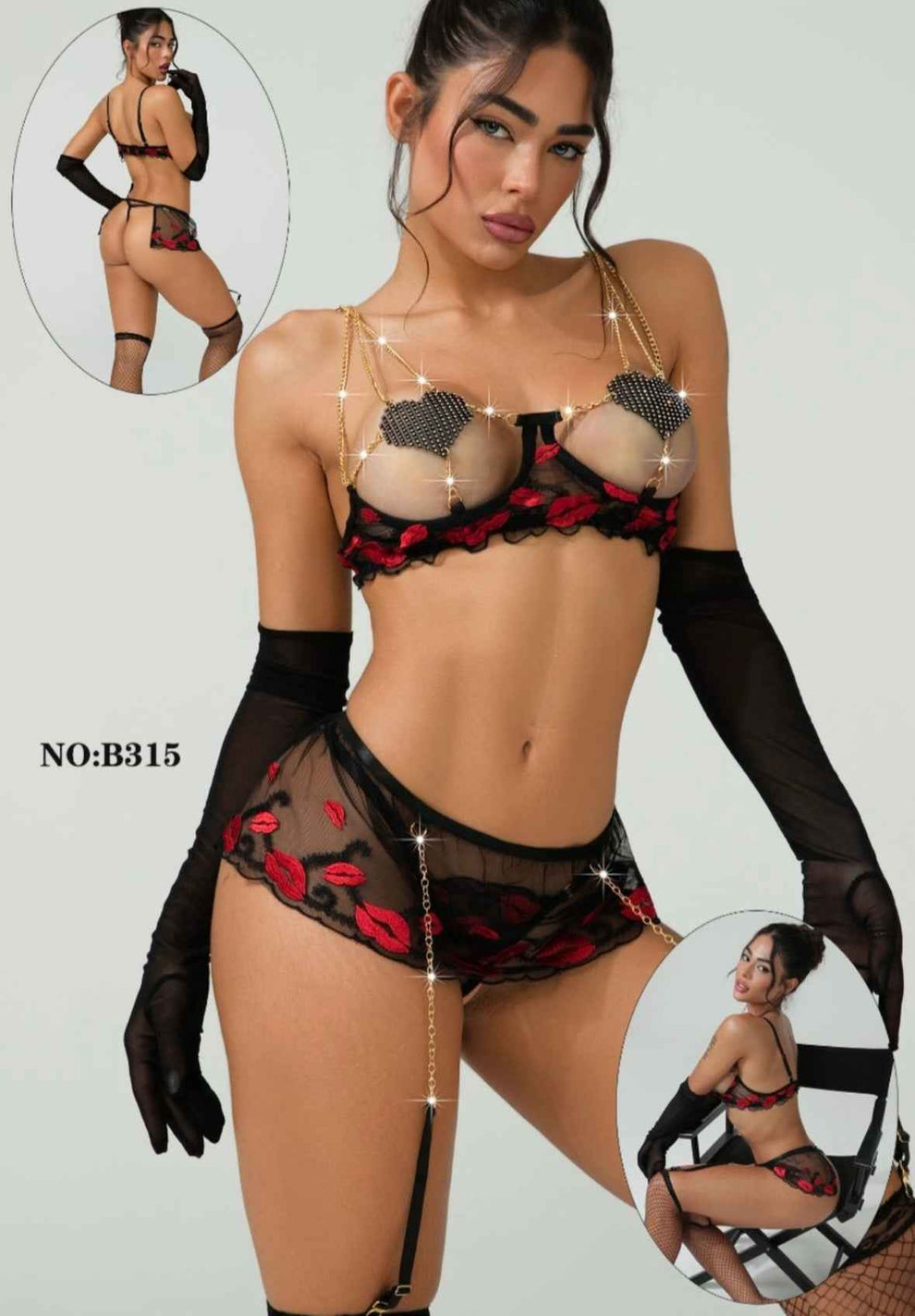 Midnight Kisses Rhinestone - 4 Piece Mesh Embroidery & Chain Lingerie Set