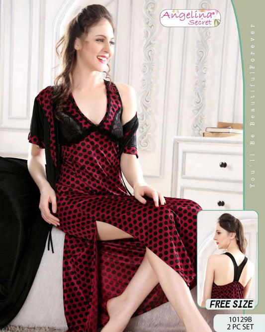 2-Piece Red & Black Polka Dot Nightwear Set with Robe