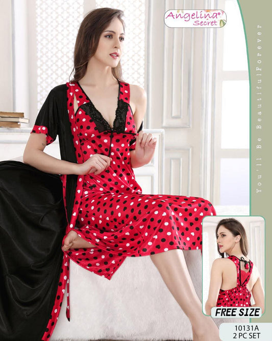 Silk 2-Piece Nightwear Set - Red Polka Dot & Lace - Free Size