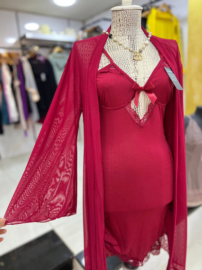 Romantic Red Chemise & Dressing Gown Duo Set
