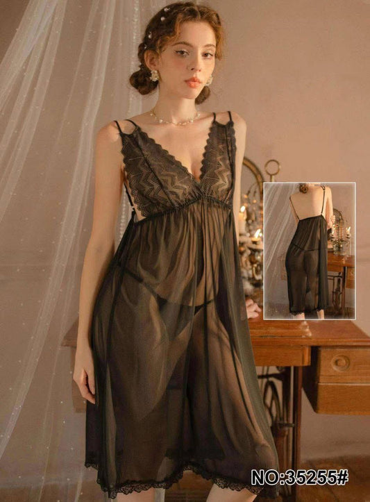 Alluring Black Sheer Babydoll Nightwear with Lace V-Neck