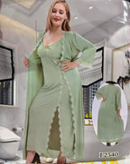 Midnight Sage 3-Piece Luxury Lounge Set: Cooling Ice Silk & Scalloped Lace