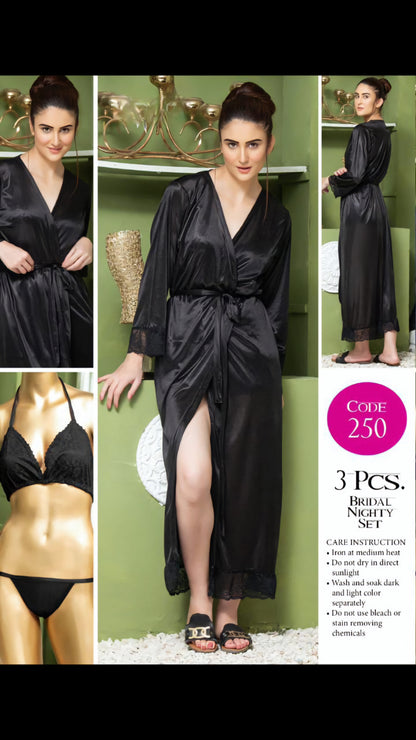 Elegant 3-Piece Silk Gersey Bridal Nighty Set with Lace Trim