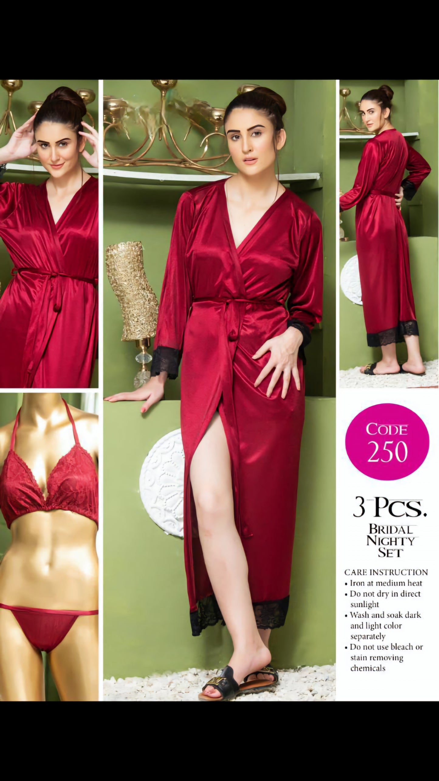 Elegant 3-Piece Silk Gersey Bridal Nighty Set with Lace Trim