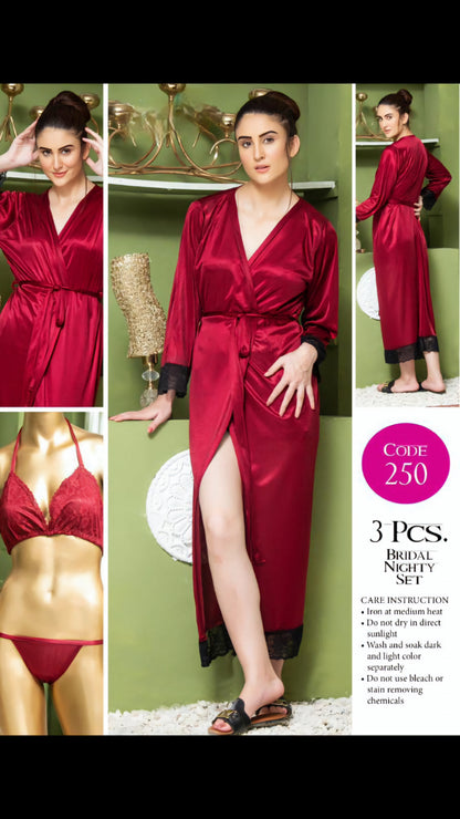 Elegant 3-Piece Silk Gersey Bridal Nighty Set with Lace Trim