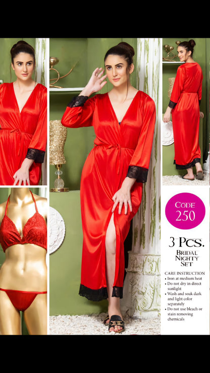 Elegant 3-Piece Silk Gersey Bridal Nighty Set with Lace Trim