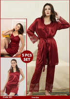 Premium 5-Piece Silk Jersey Nightwear – Luxury Lace-Trimmed Sleepwear Set
