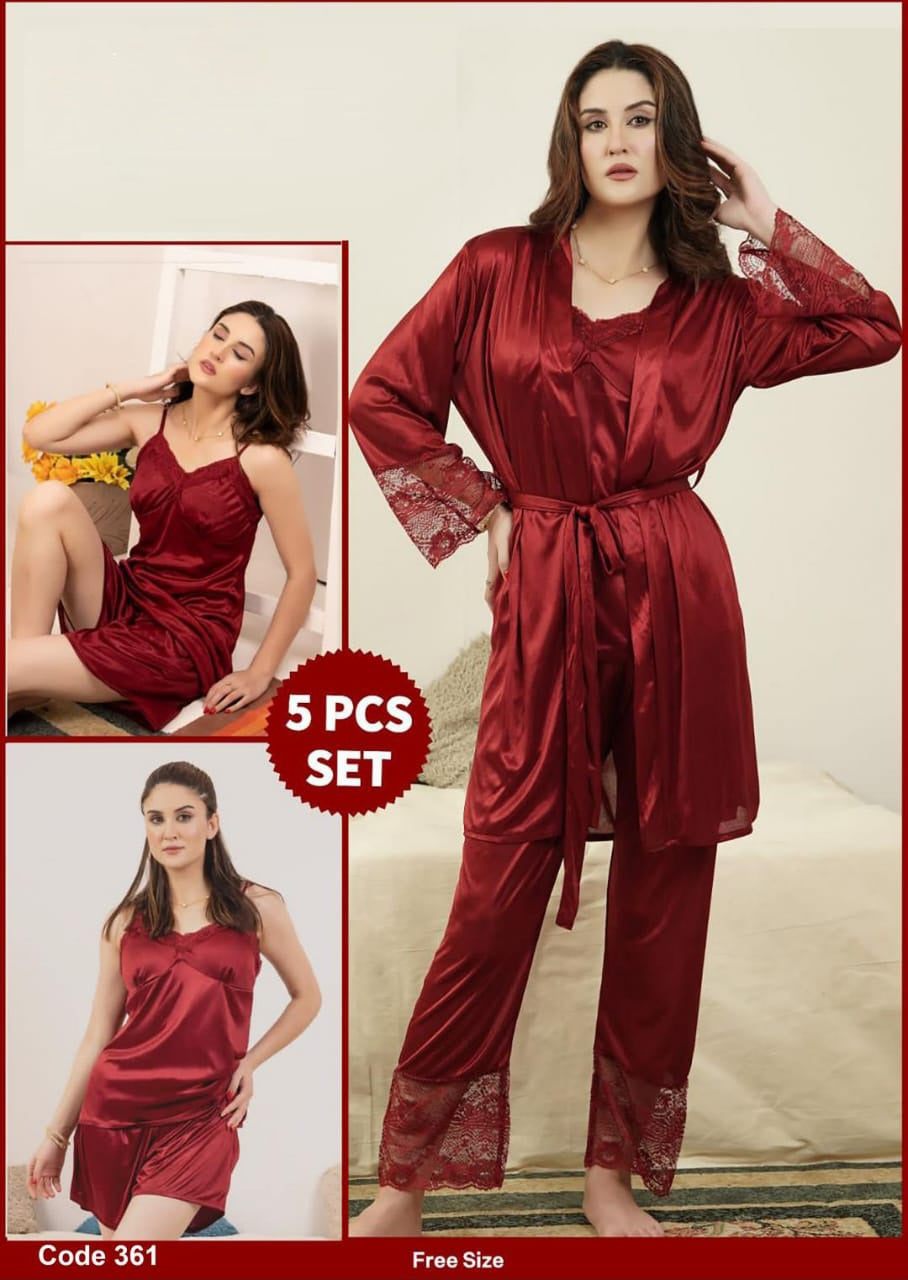Premium 5-Piece Silk Nightwear – Luxury Lace-Trimmed Sleepwear Set
