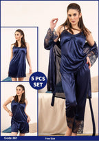 Premium 5-Piece Silk Jersey Nightwear – Luxury Lace-Trimmed Sleepwear Set