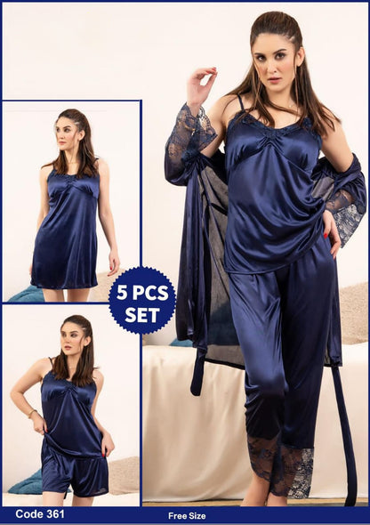 Premium 5-Piece Silk Nightwear – Luxury Lace-Trimmed Sleepwear Set