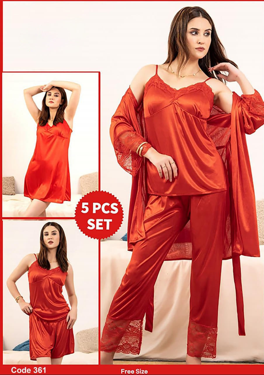 Premium 5-Piece Silk Nightwear – Luxury Lace-Trimmed Sleepwear Set