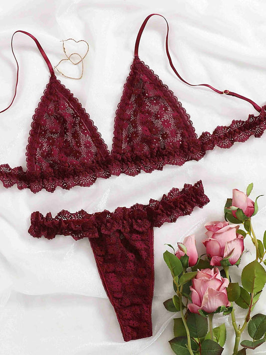 Seductive Deep Red Floral Lace Bralette & Thong Lingerie Set