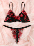 SD - Enchanting Black & Red Floral Embroidered Lingerie Set