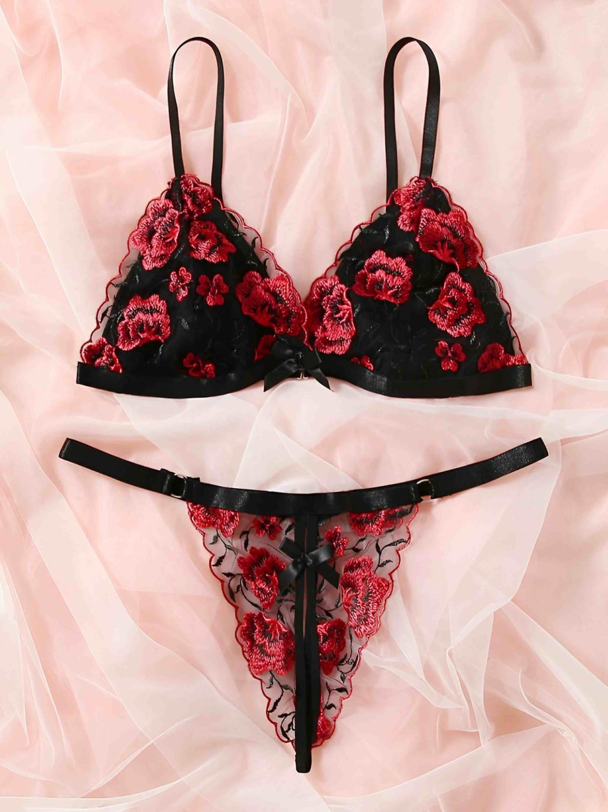 Enchanting Black & Red Floral Embroidered Lingerie Set