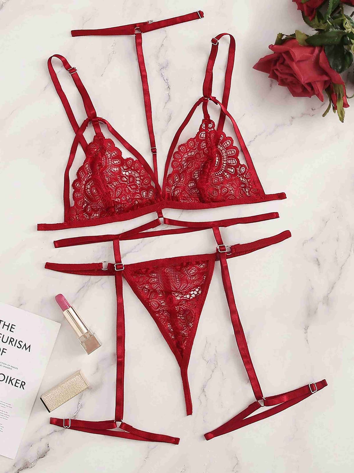 Fiery Red Strappy Lace Teddy Lingerie Set - Triangle Bra, Garter Belt, and Thong