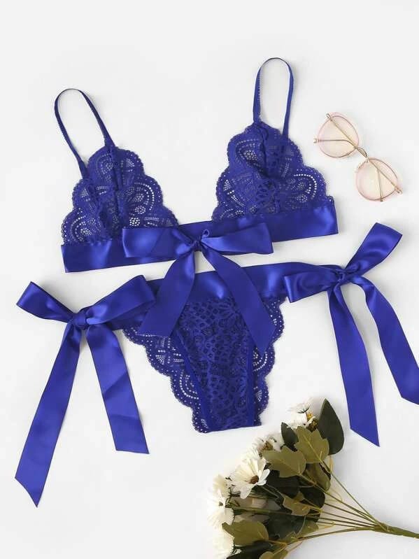 Seductive Royal Blue Lace Tie-Side Bra and Panty Set