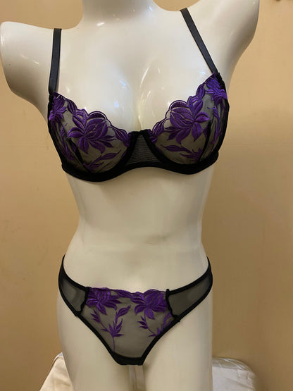 Purple Flower Mesh Lingerie Set
