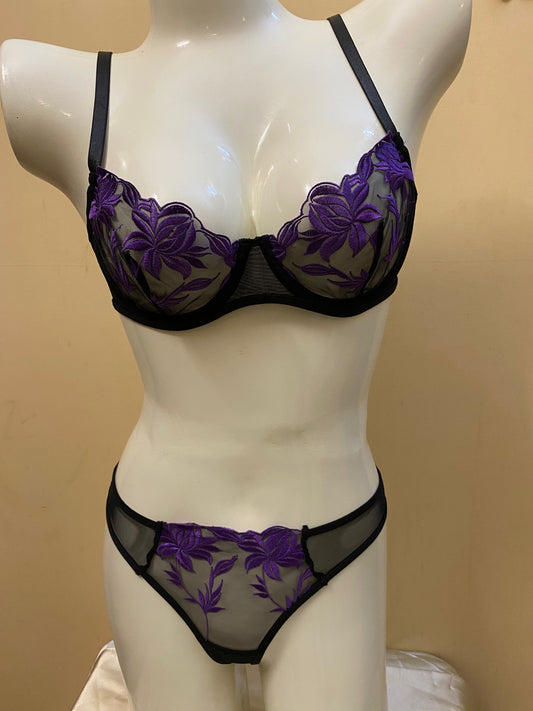 Purple Flower Mesh Lingerie Set
