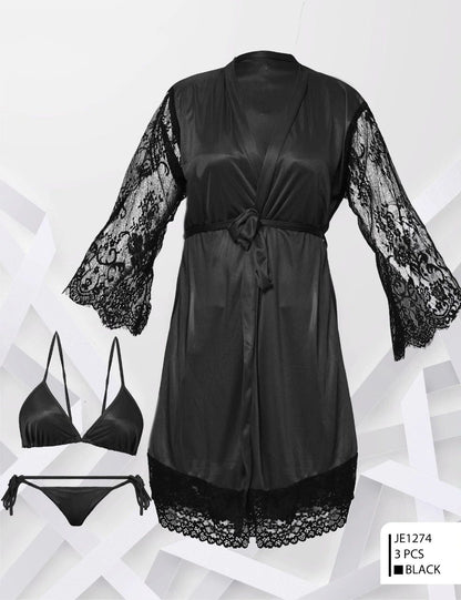 3-Piece Silk & Lace Nightwear Set – Two Hearts Collection