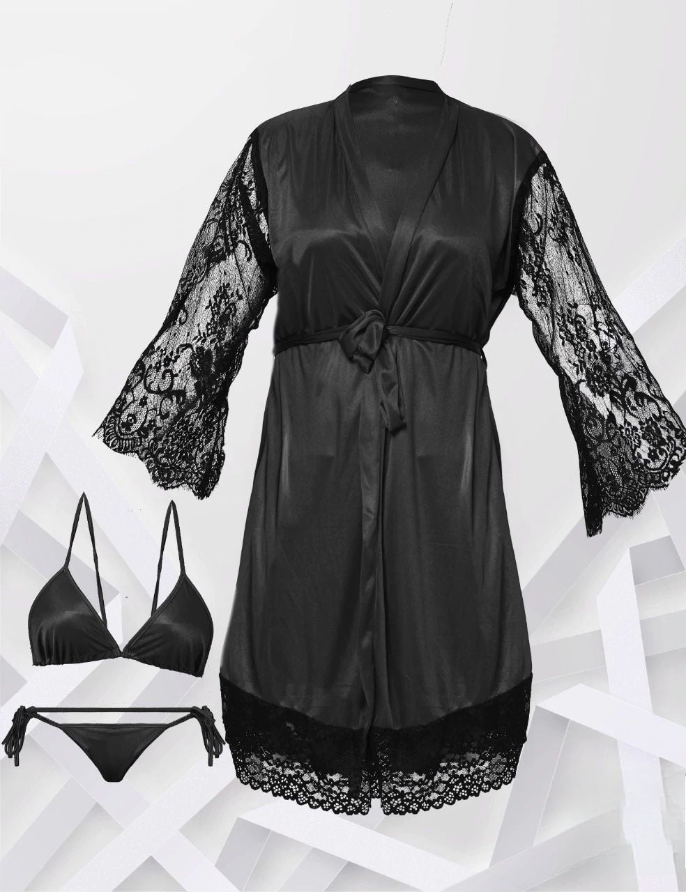 3-Piece Silk & Lace Nightwear Set