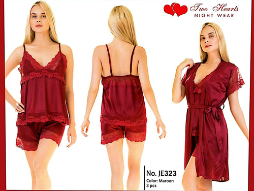 3 Piece Silk Satin Camy Gown Set