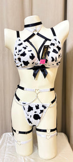 Cow Candy Lingerie Set-Chain Detailing With Neck Bell, Garter, Bow