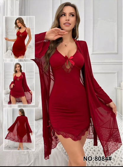 Romantic Red Chemise & Dressing Gown Duo Set