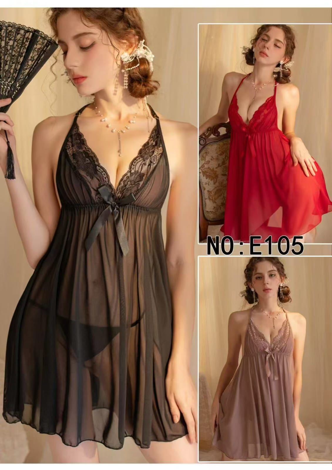 SD-Elegant Lace Sheer Mesh Halter Babydoll Chemise with Satin Bow Detail