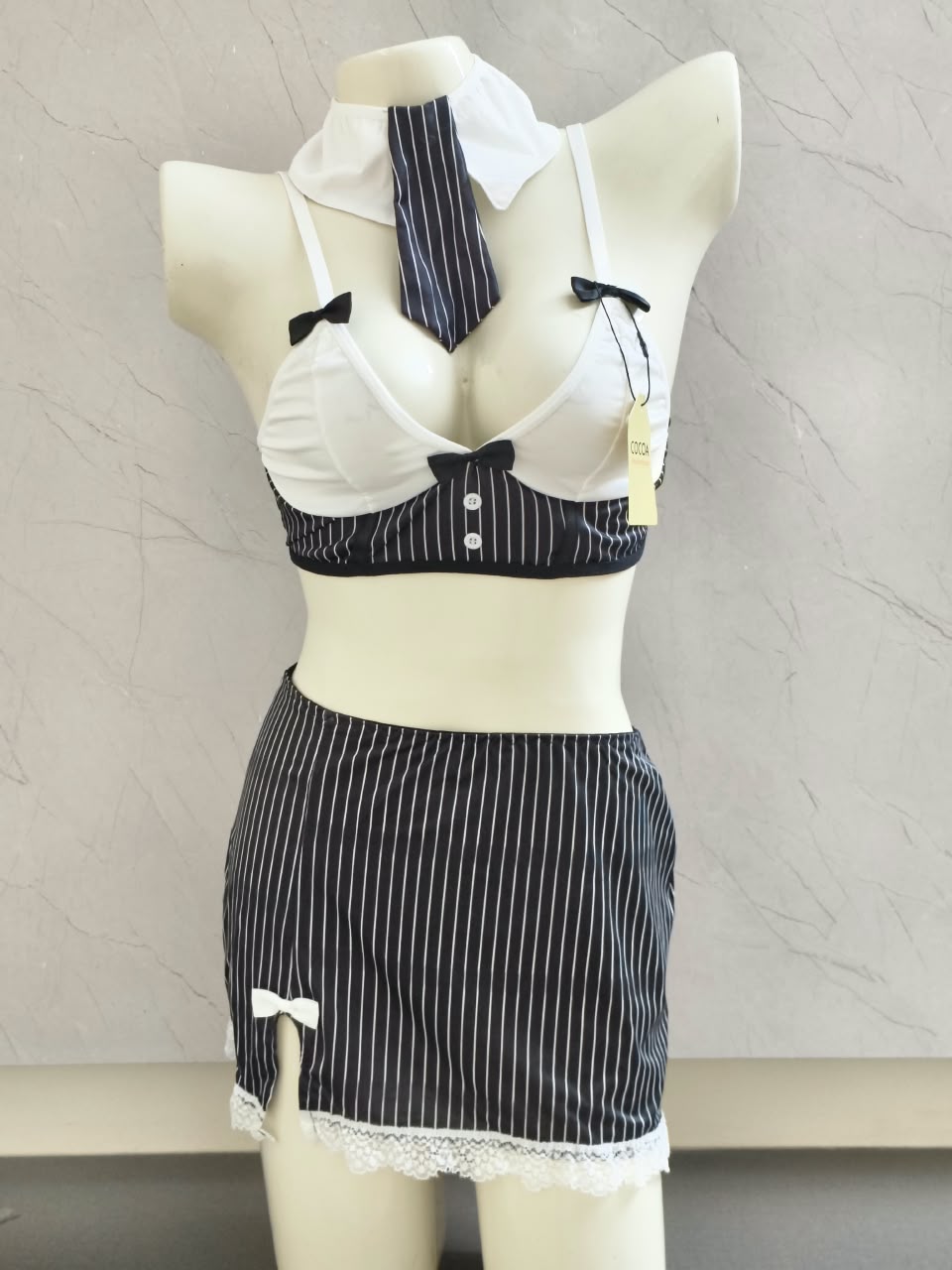 Classroom Chic Pinstripe Roleplay Lingerie Set With Stockings
