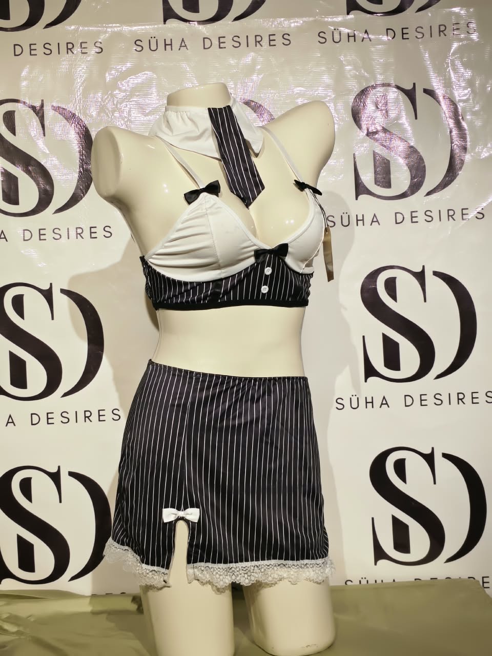 Classroom Chic Pinstripe Roleplay Lingerie Set With Stockings