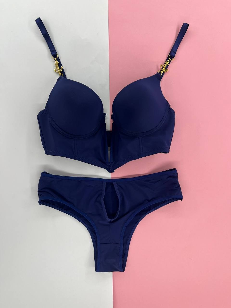 Deep V Plunge Lingerie Set with Gold Anchor Detail