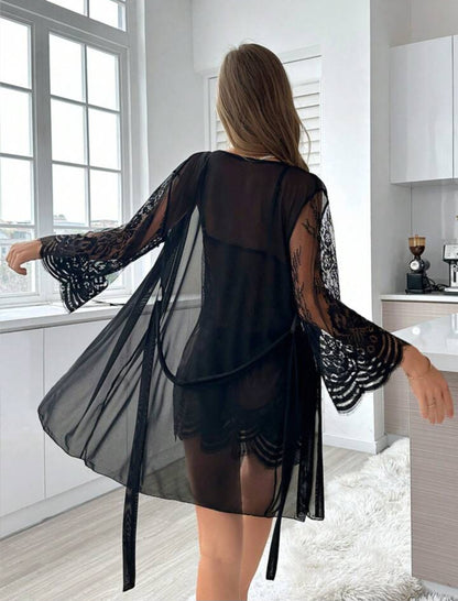 SilkySpell Ladies Sexy Lace & Mesh Perspective Robe And Strap Dress Set - 3 Piece