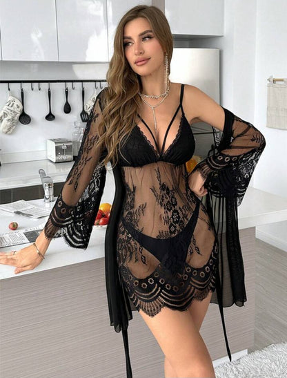 SilkySpell Ladies Sexy Lace & Mesh Perspective Robe And Strap Dress Set - 3 Piece