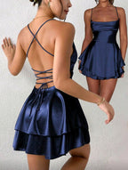 Silk Satin Ruffle Mini Slip Dress