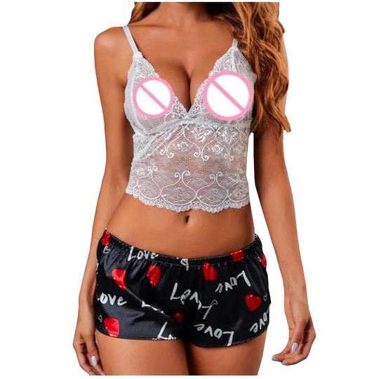 Lace Crop Top & Printed Silk Shorts Set