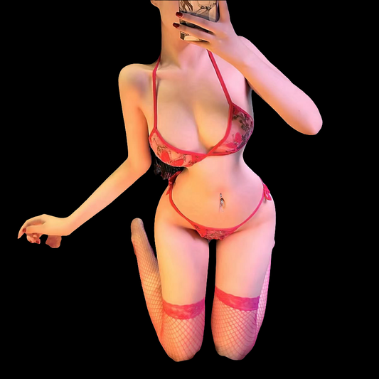 Floral Lace Sheer Lingerie Set with Stockings