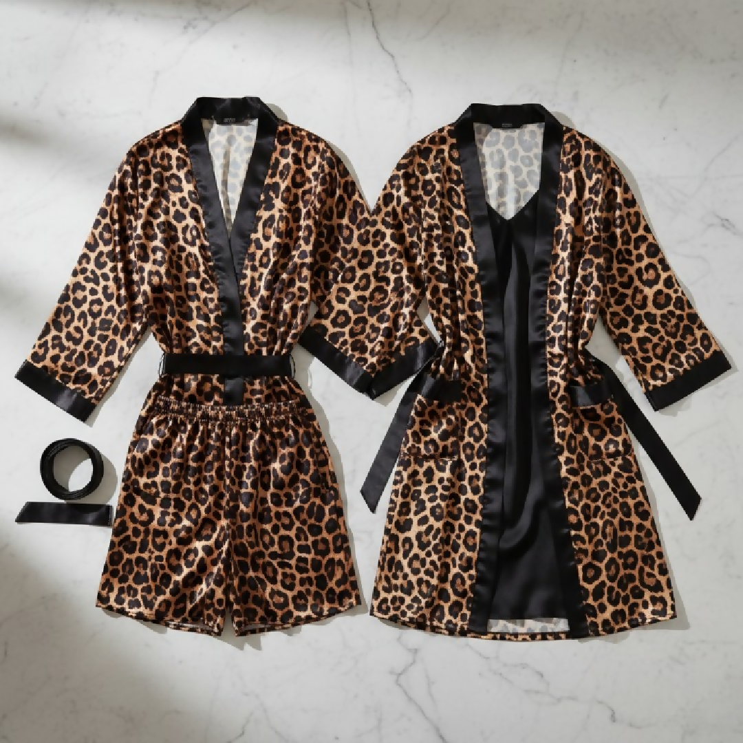 SD - Couples' Leopard Print Silk Satin Robe & Nightdress Set