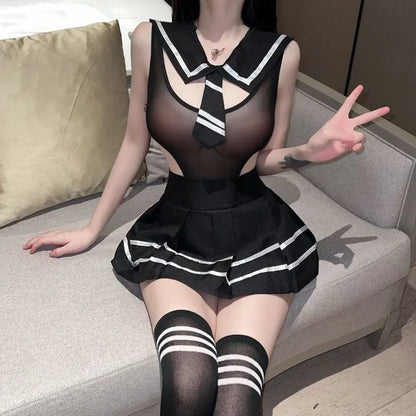 Sexy Sailor Schoolgirl Costume – 3 Piece Lingerie Set With Stockings
