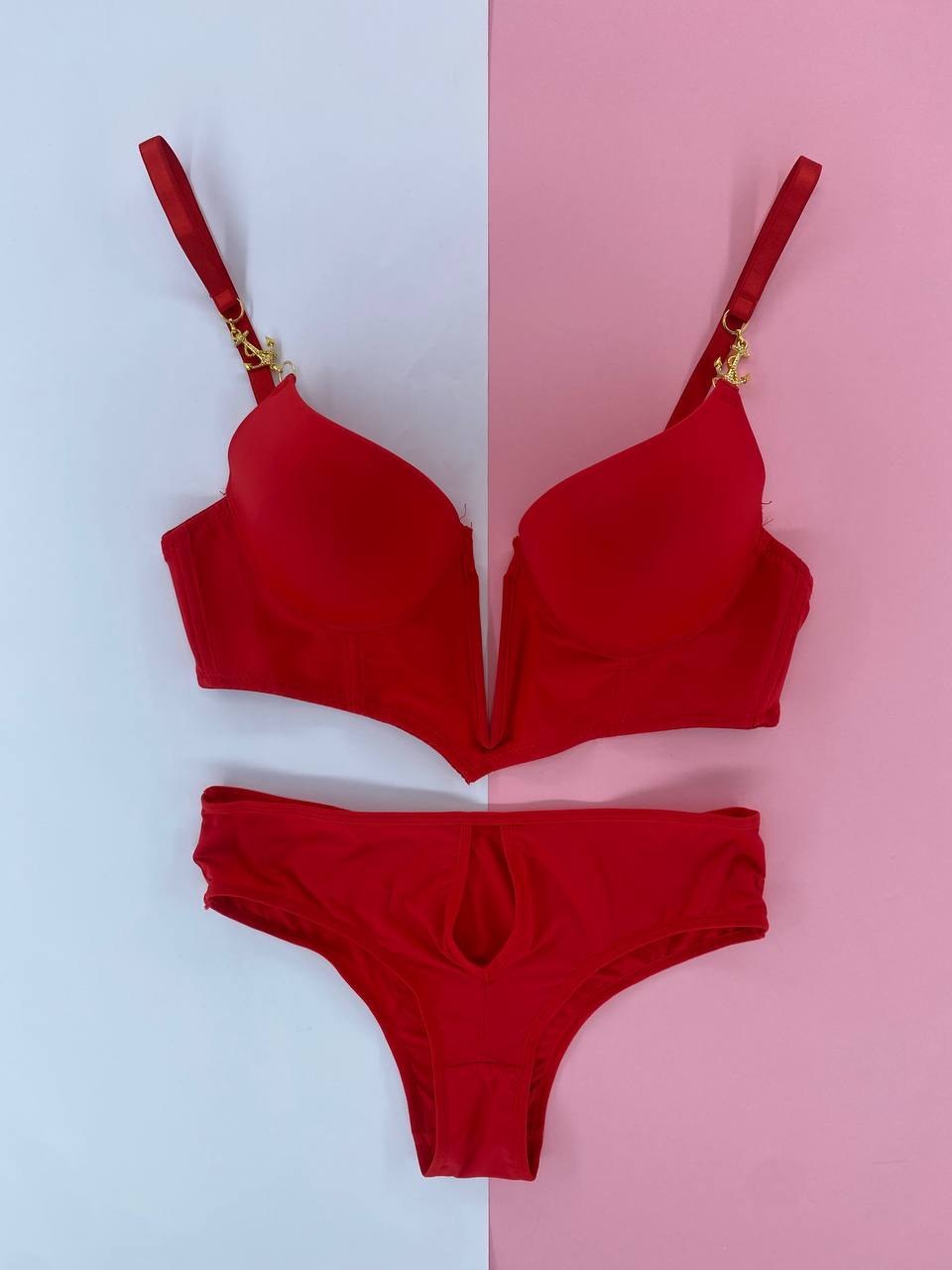 Deep V Plunge Lingerie Set with Gold Anchor Detail