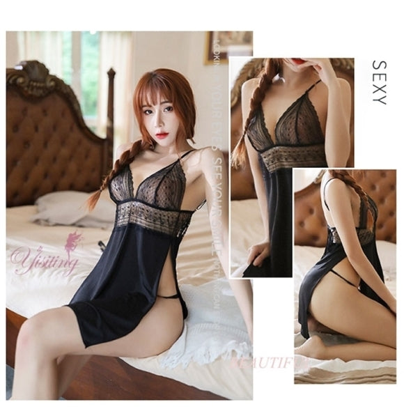 Silky Nights Black Lace Slit Nightdress