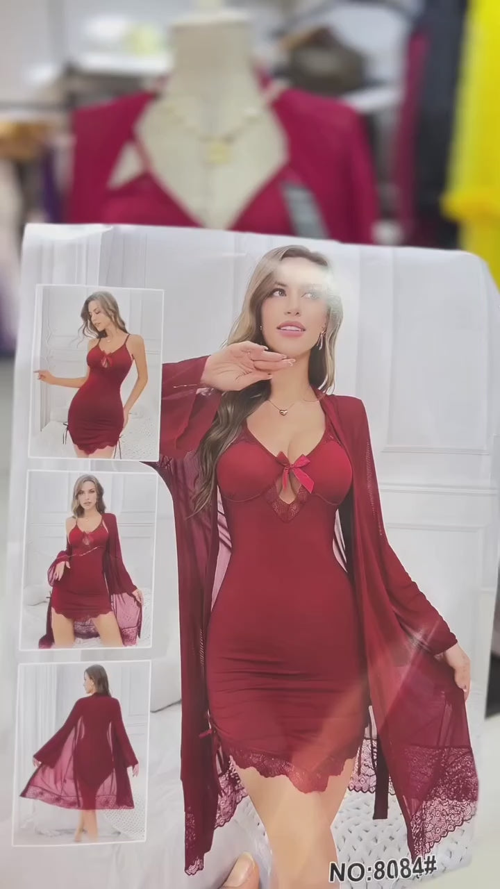 Romantic Red Chemise & Dressing Gown Duo Set