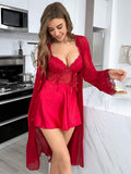 Crimson Lace Bustier Slip & Mesh Robe Duo