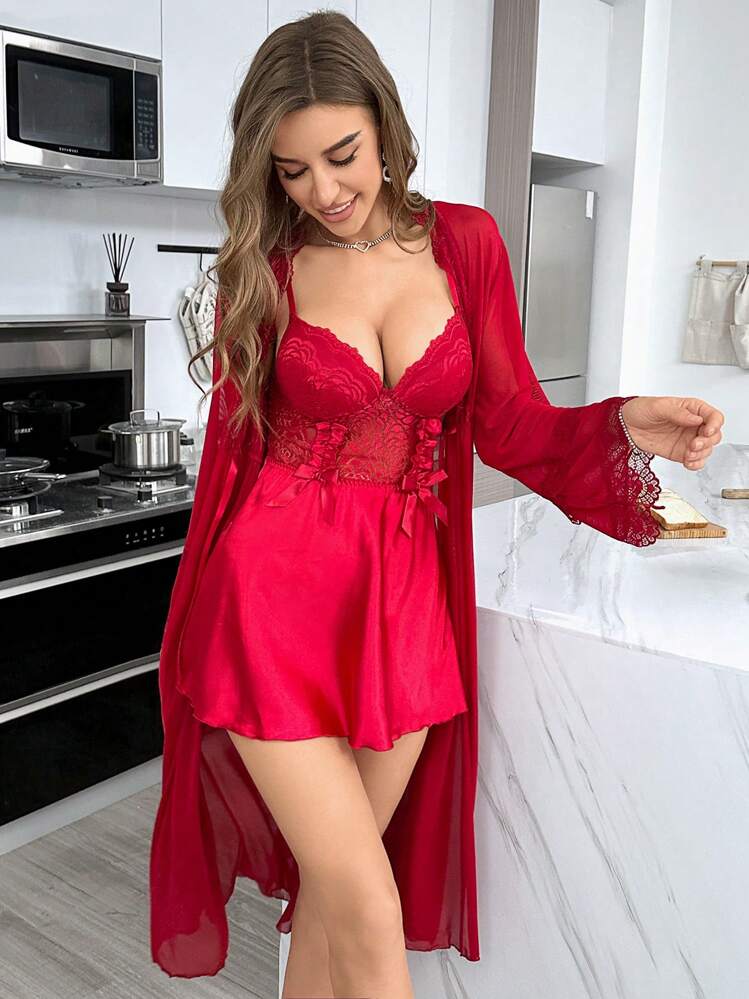 SD - Crimson Lace Bustier Slip Silk & Mesh Robe Set